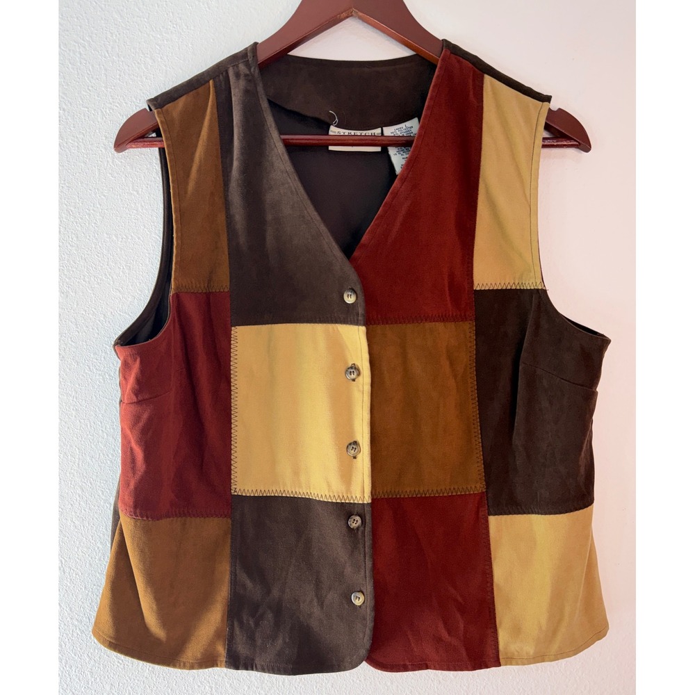Vintage 90s Y2K White Stag Faux Suede Patchwork Vest Colorblock Boho Indie Large